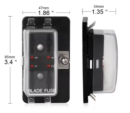 4 way Blade fuse with dimensions labeled on a white background