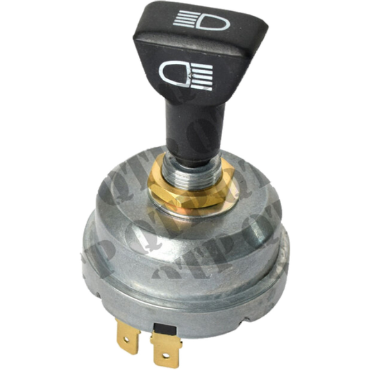 A 4-way rotary light switch for vehicles, showing positions for off, side, dip, and main beam, with a black handle and metallic body.