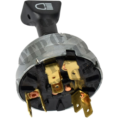 A 4-way rotary light switch for vehicles, showing positions for off, side, dip, and main beam, with a black handle and metallic body.