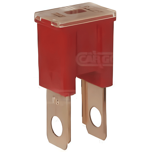 Red and copper 50 amp japanese automotive fuse on a white background