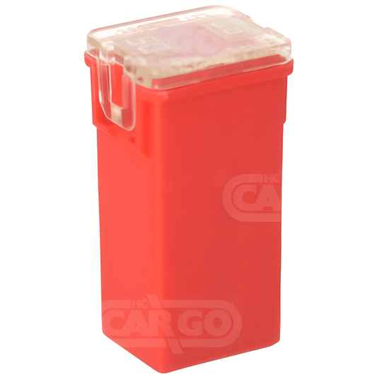 Red 50 amp pal japanese fuse with a clear lid on a white background