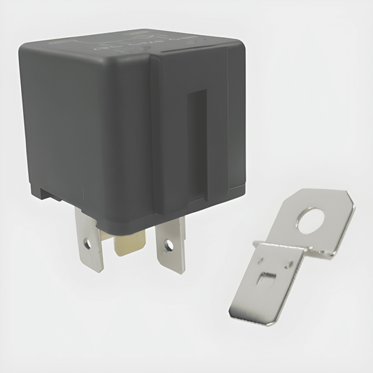 5 Pin 12V Normally Open Twin Output mini relay on a white background