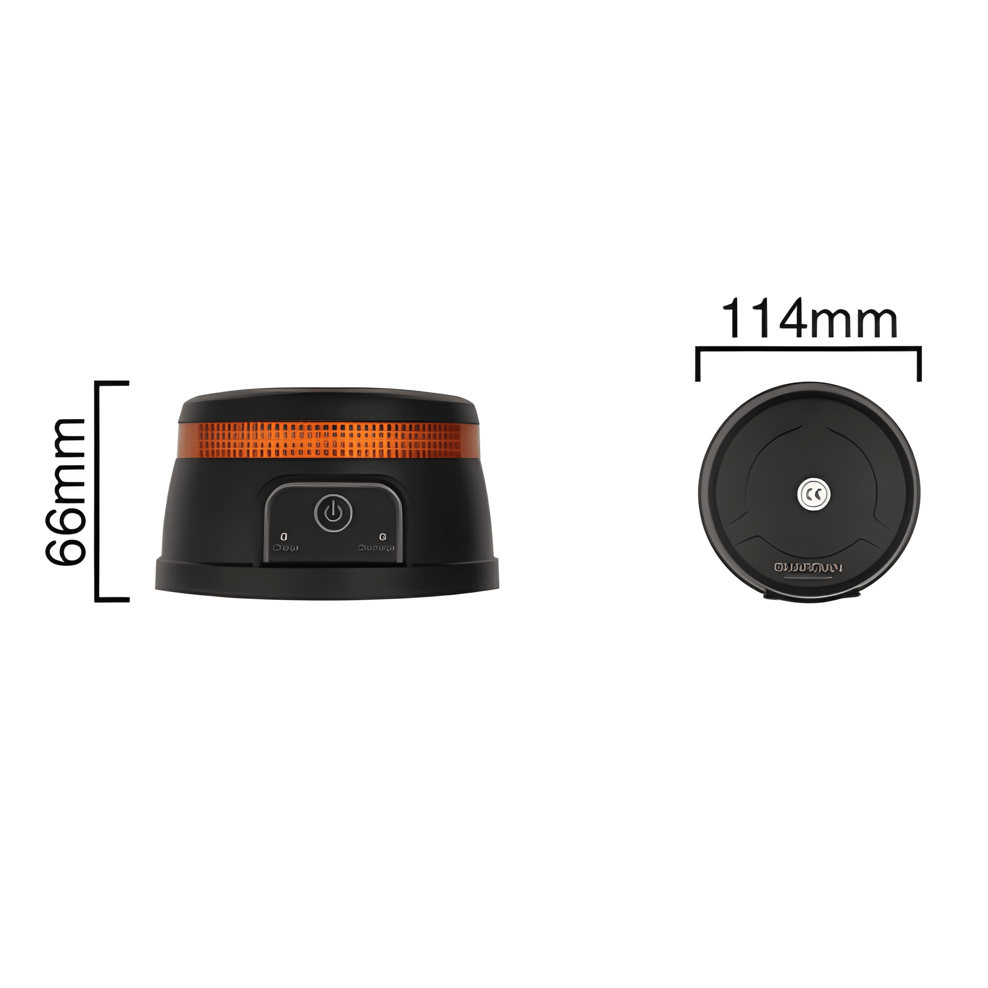 Technical dimension diagram for the AMB98A rechargeable beacon, specifying a 66mm height and 114mm base width.