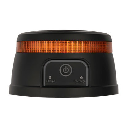 Front profile of the Guardian AMB98A rechargeable LED beacon showing the central power button and clear charge/discharge indicators.