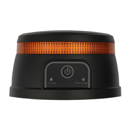 Front profile of the Guardian AMB98A rechargeable LED beacon showing the central power button and clear charge/discharge indicators.
