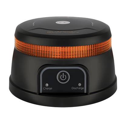 Low-profile amber rechargeable beacon with a 24W SMD LED array and rugged UV-resistant housing for professional site use.