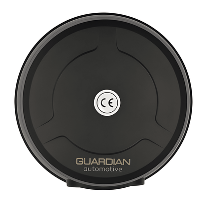 Aerial view of the Guardian AMB98A beacon lens showing the official CE certification marking and professional textured finish.