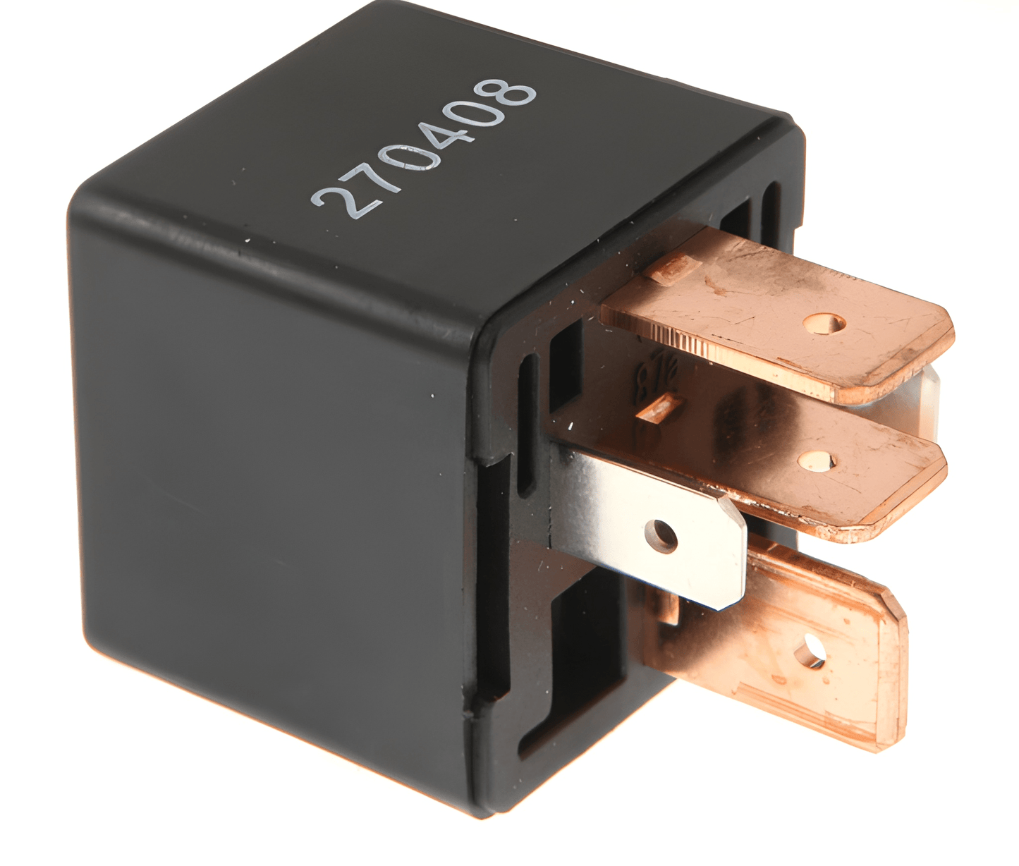 Black relay with copper contacts on a white background