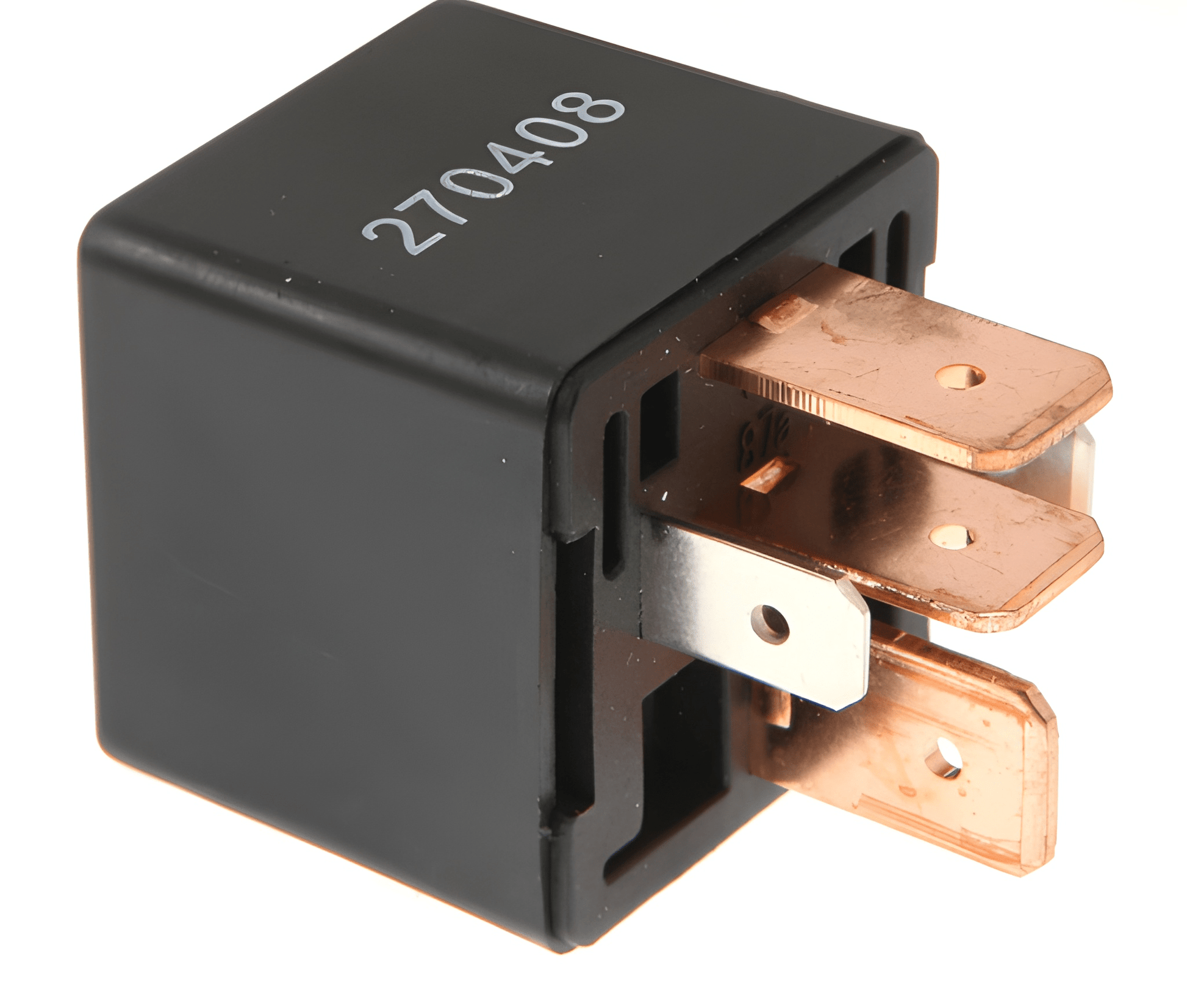 Black relay with copper contacts on a white background