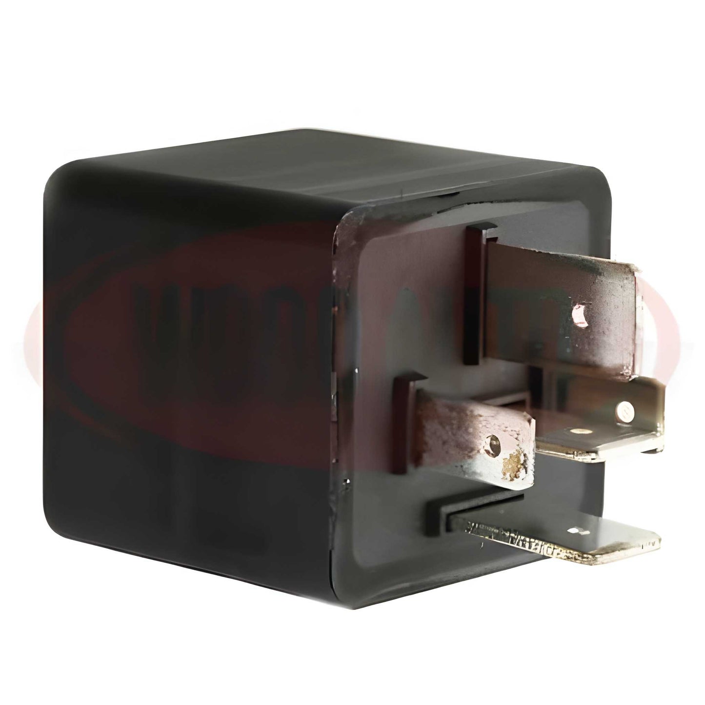 Black relay component on a white background
