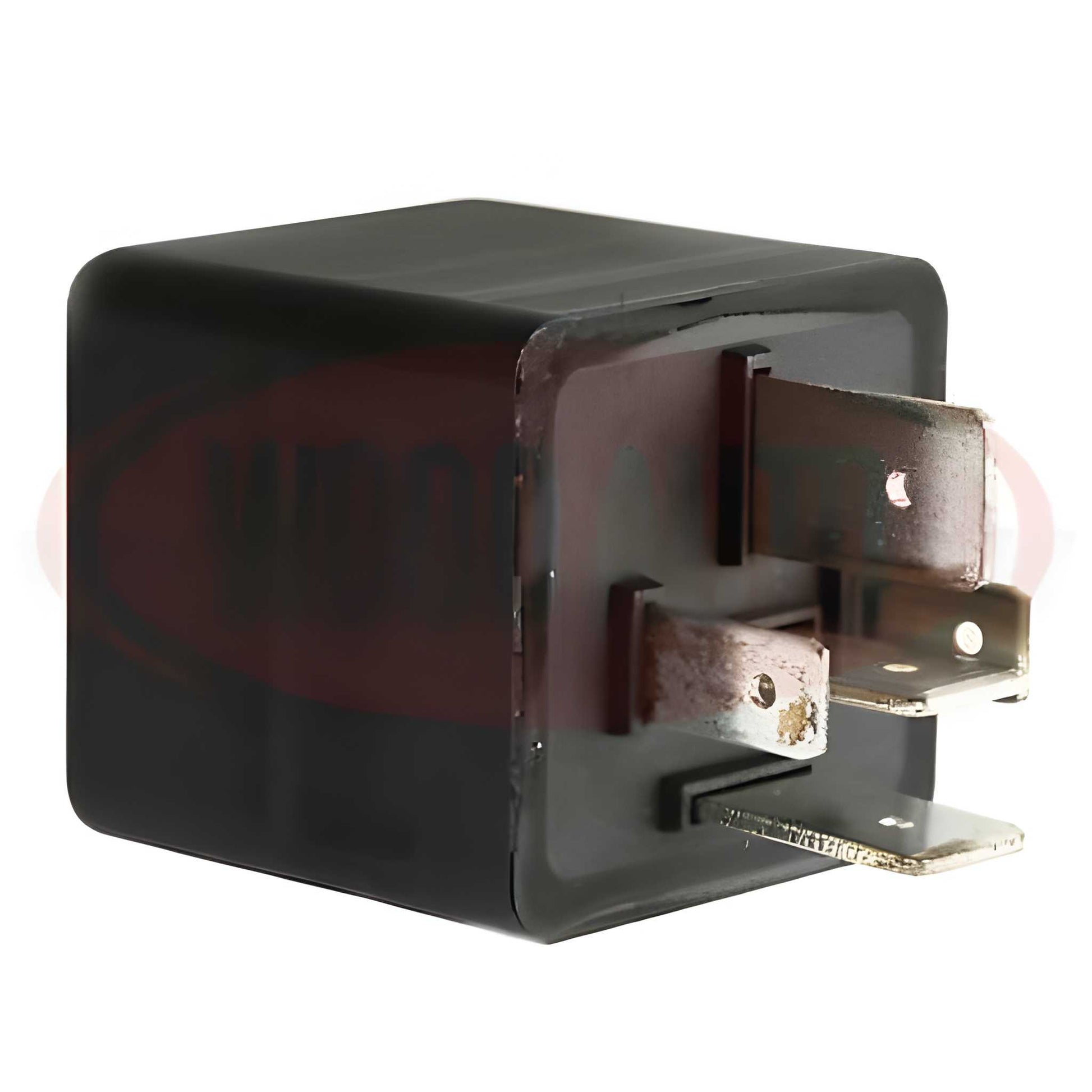Black relay component on a white background