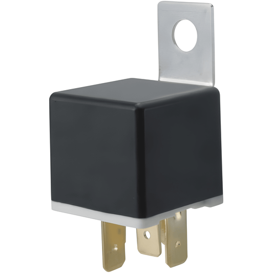 Black rectangular 5 pin automotive relay with metal mounting tab on a white background