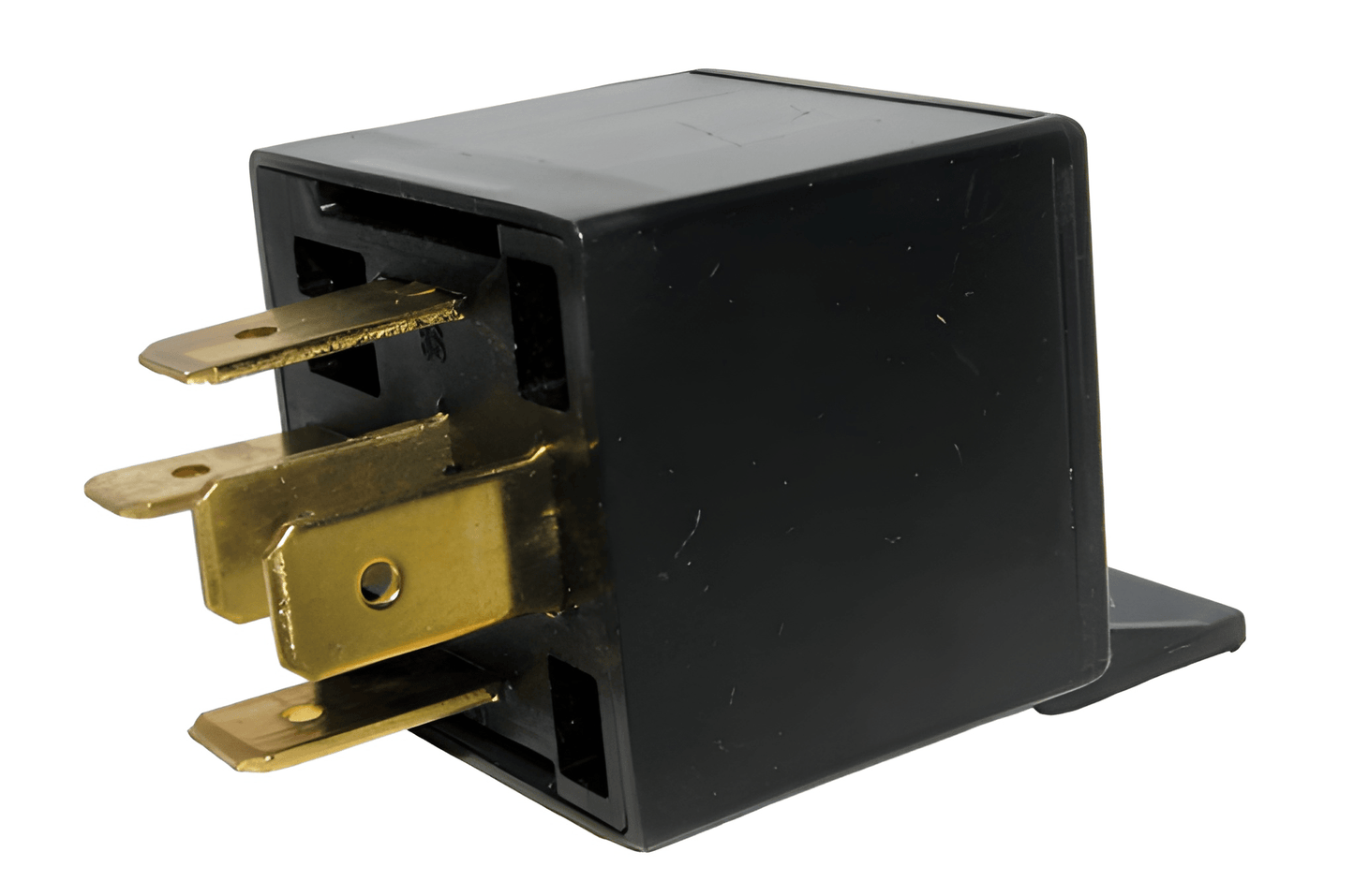 5 pin relay on a white bckground in black plastic and metal terminals