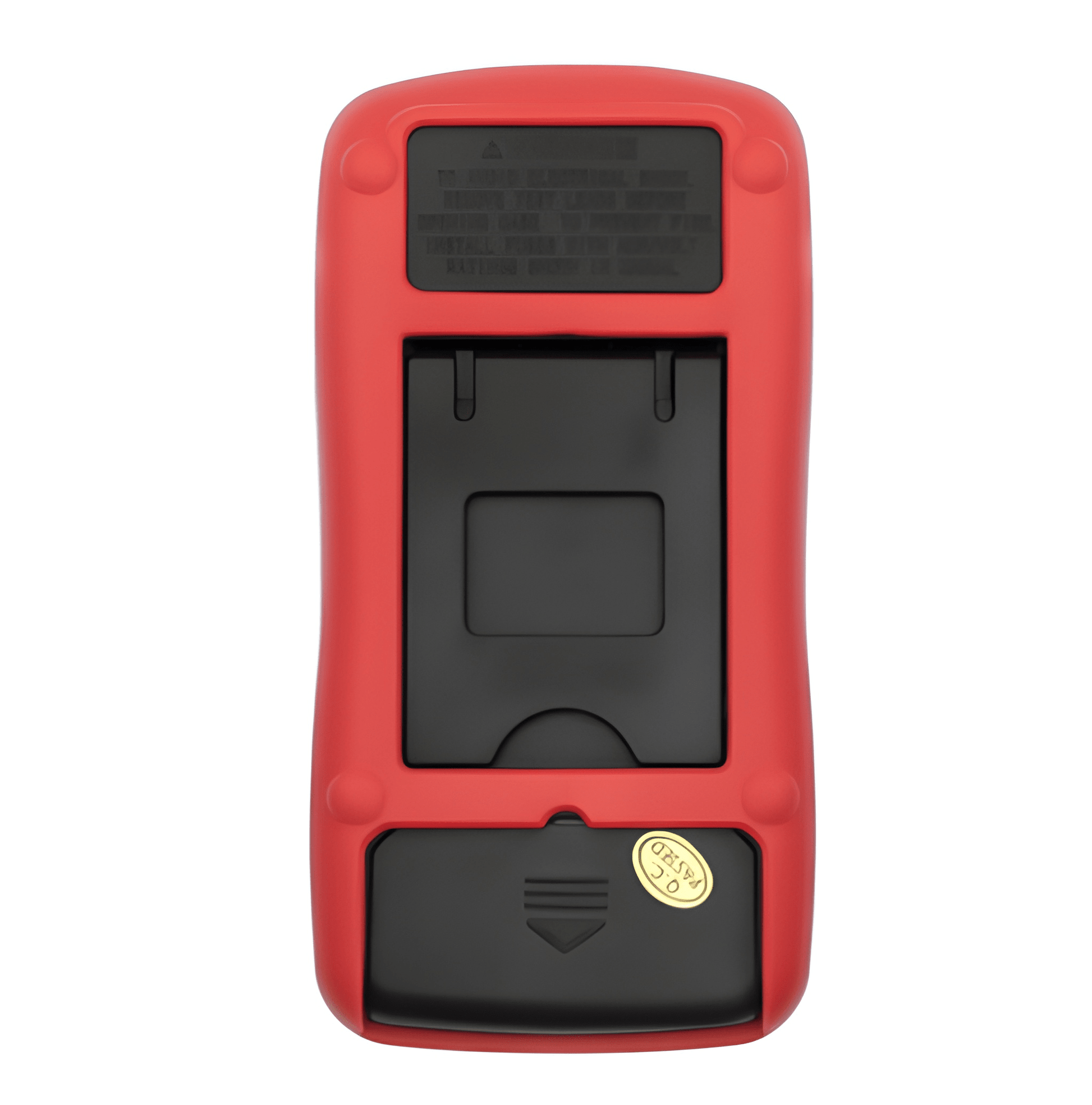 Rear view of the VM1 highlighting the fold-out stand, battery compartment, and technical quality control certifications.
