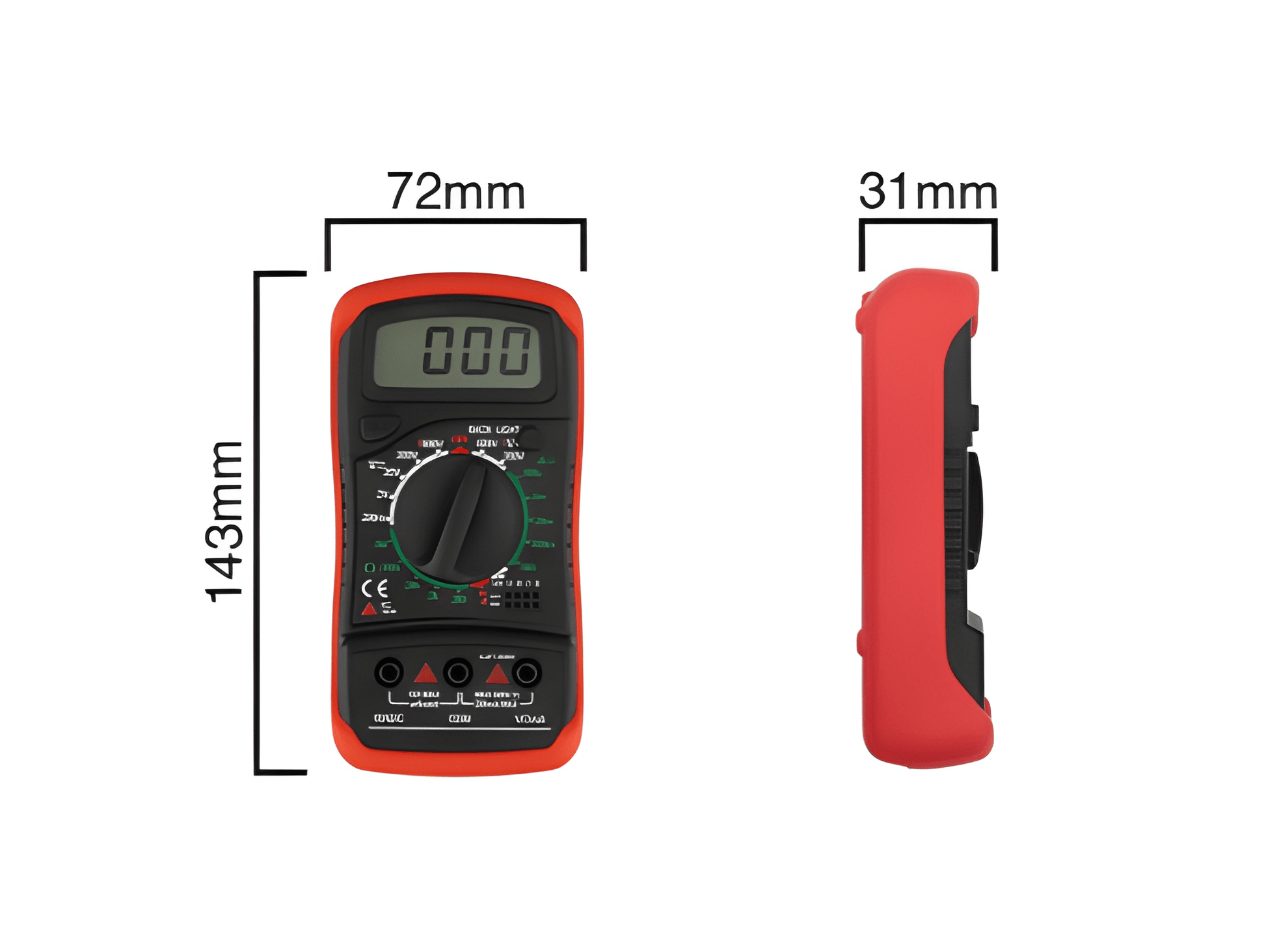 Technical drawing of the Guardian VM1 multimeter showing dimensions: 143mm height, 72mm width, and 31mm depth.