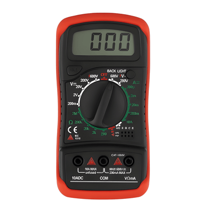 Guardian VM1 Digital Multimeter with large LCD screen, rotary function dial, and protective red shockproof holster.