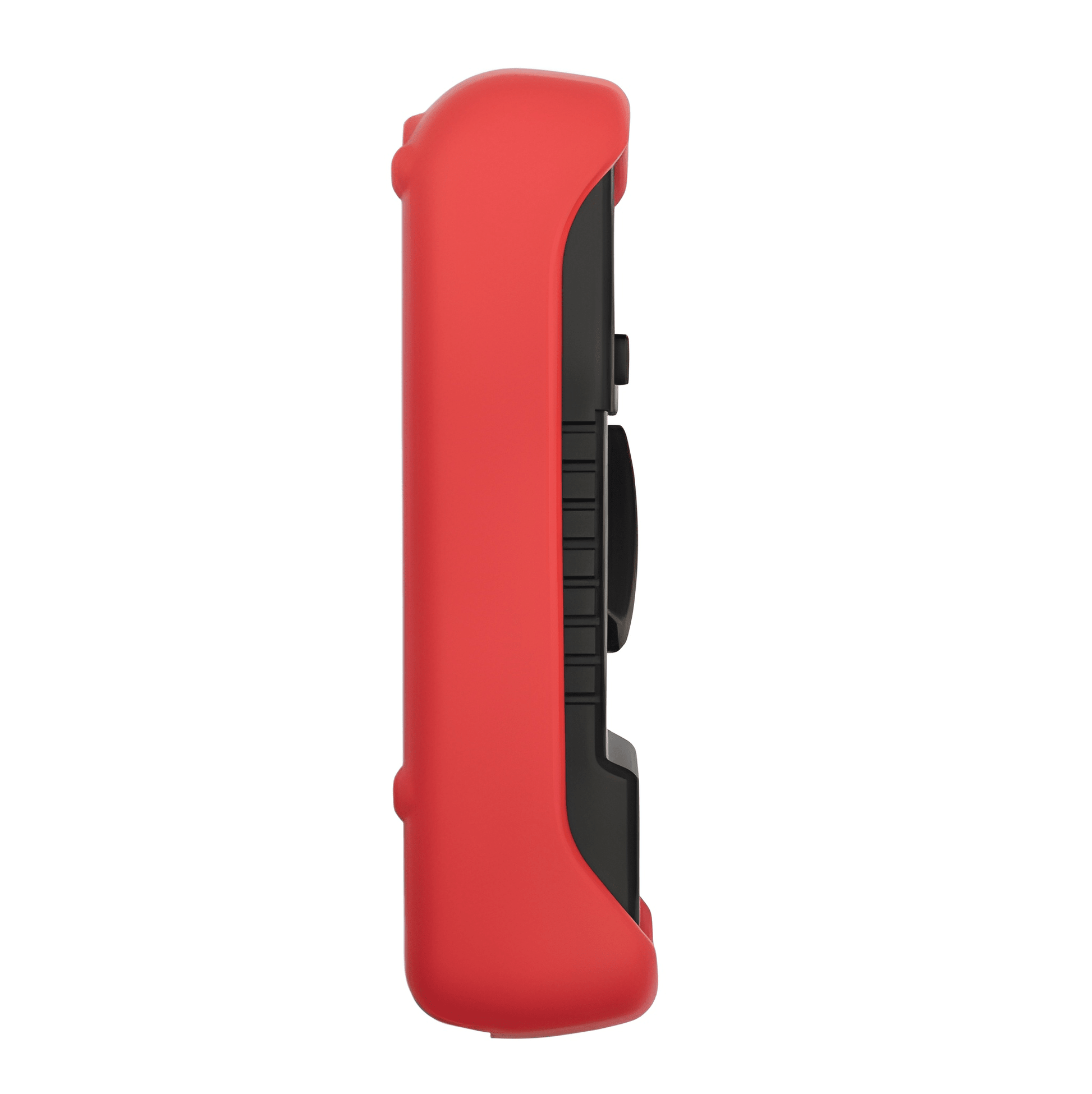 Side profile of the digital multimeter showing the slim ergonomic grip and the depth of the protective red casing.