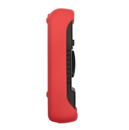 Side profile of the digital multimeter showing the slim ergonomic grip and the depth of the protective red casing.