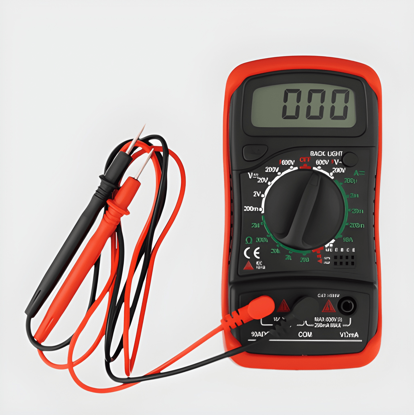 Professional 600V multimeter shown with included red and black high-quality test probes for electrical diagnostics.