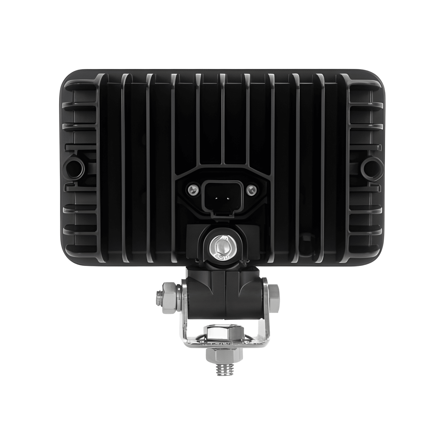 Black rectangular light fixture with mounting bracket on a white background