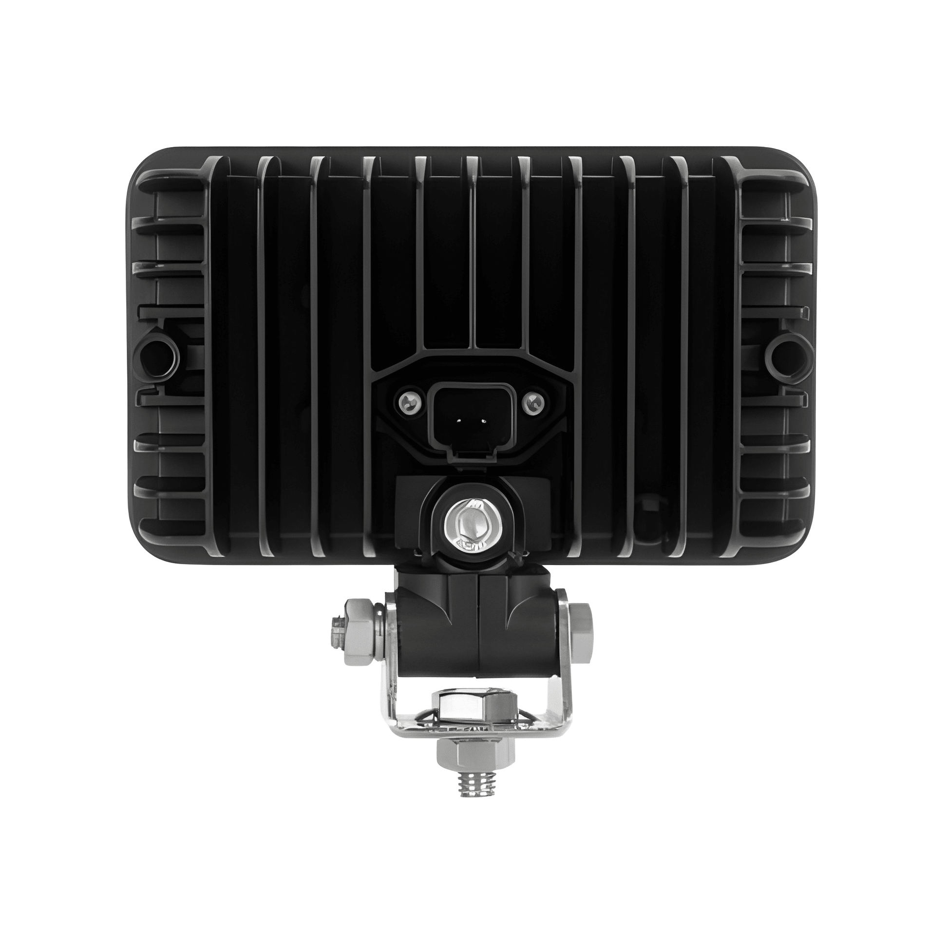Black rectangular light fixture with mounting bracket on a white background