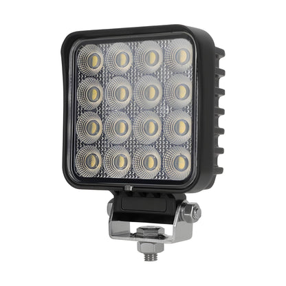 Square LED work light with multiple circular components on a white background side view