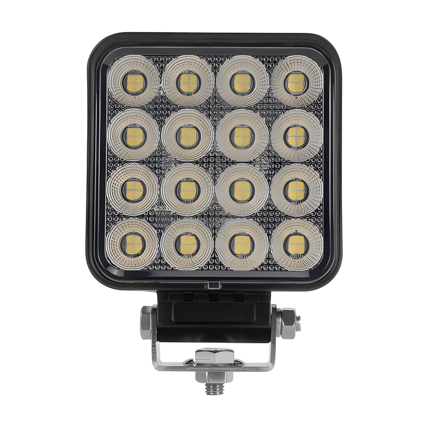 Square LED work light with multiple circular components on a white background