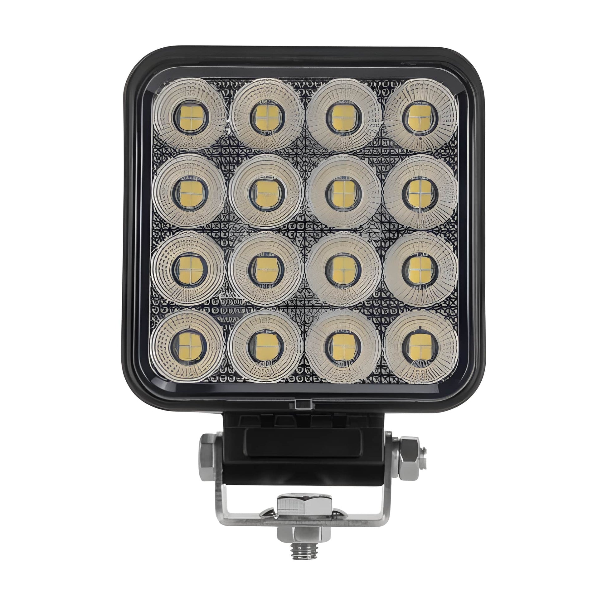 Square LED work light with multiple circular components on a white background