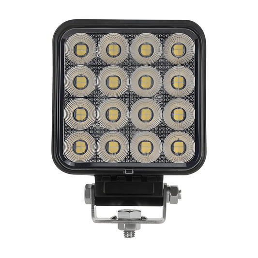 Square LED work light with multiple circular components on a white background