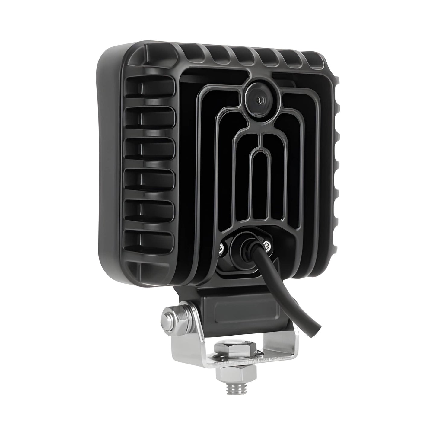 rear view of Black LED work light with mounting bracket on a white background