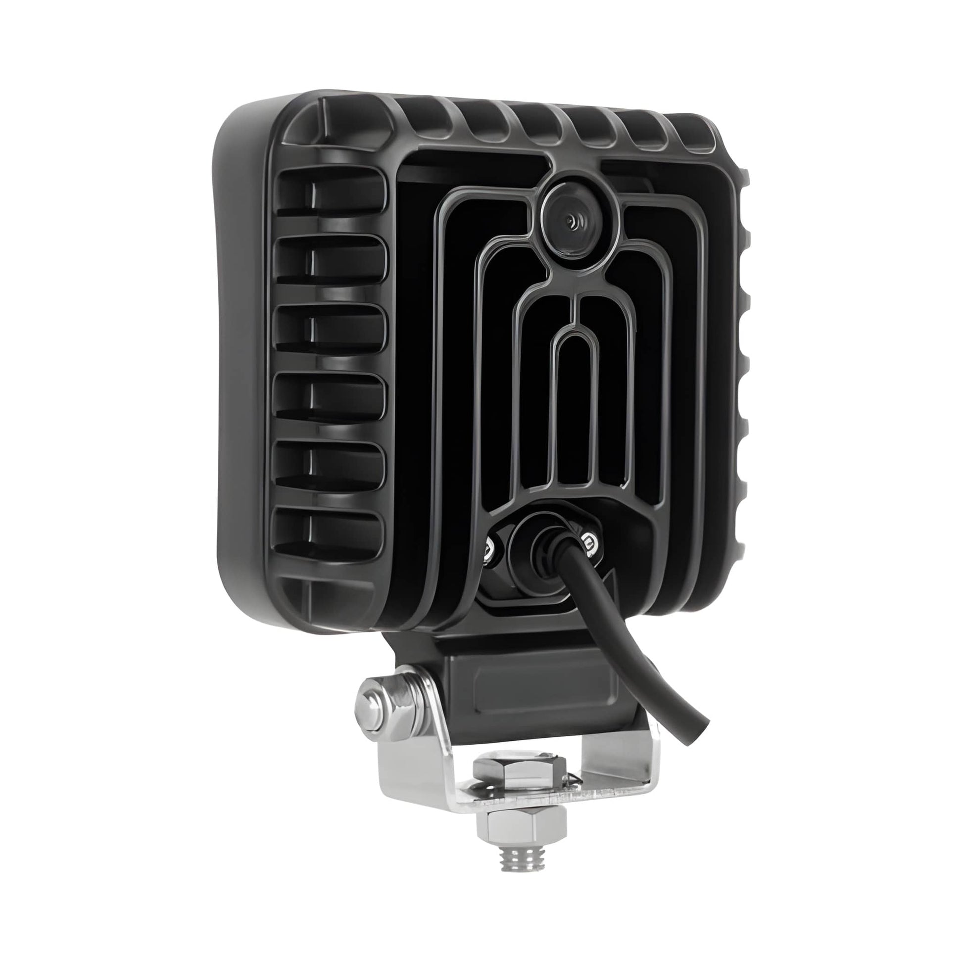 rear view of Black LED work light with mounting bracket on a white background