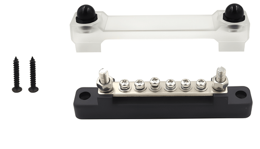 Front profile of the MURE BB106B 150A black distribution block showing the single-row brass bus bar with 6 terminal screws, dual power studs, clear protective cover, and mounting screws.
