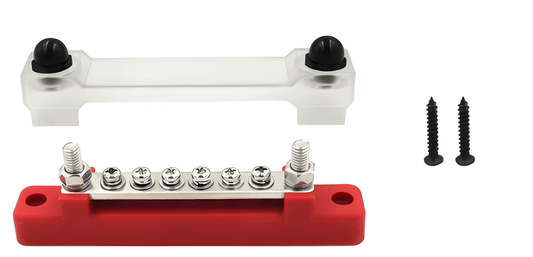 A frontal view of the MURE BB106R red 150A distribution block kit, displaying the 6-terminal brass bus bar with dual power studs, a clear protective safety cover, and two black mounting screws.