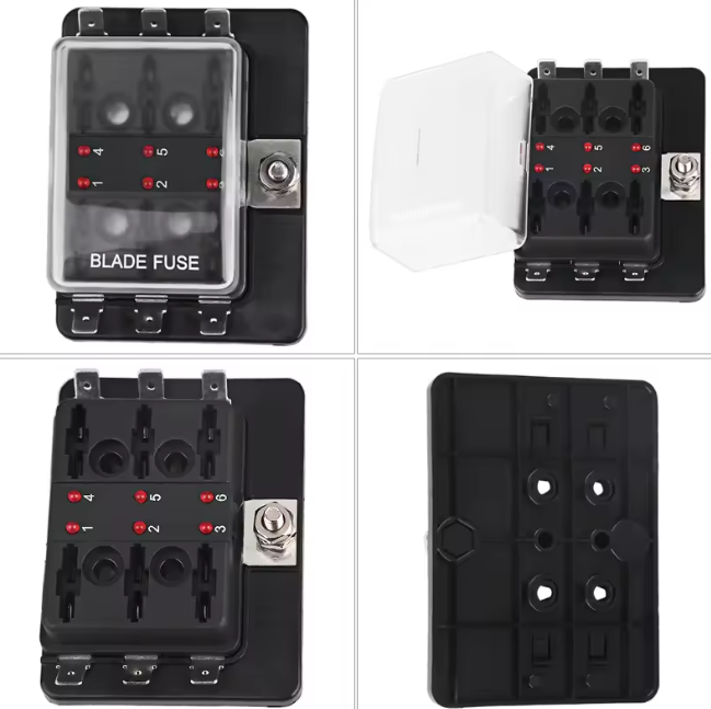 Four views of a blade fuse box with multiple fuses and indicators.