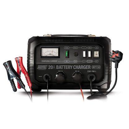 20A 12/24V Metal Cased Battery Charger. For all low maintenance and maintenance free 12/24v lead acid and AGM batteries of 100-250Ah capacity MP730