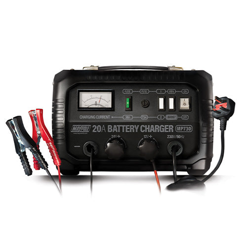 20A 12/24V Metal Cased Battery Charger. For all low maintenance and maintenance free 12/24v lead acid and AGM batteries of 100-250Ah capacity MP730