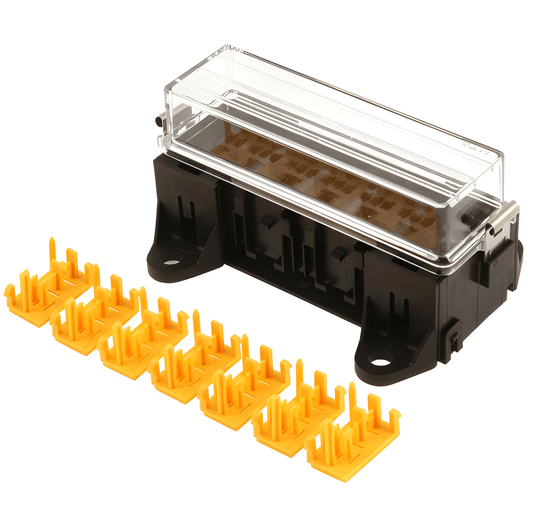 Black electrical connector with clear cover and yellow connectors on a white background