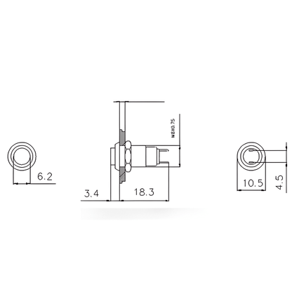 Technical drawing of the MURE K5897 8mm momentary metal push button switch normally open self-reset with dimensions