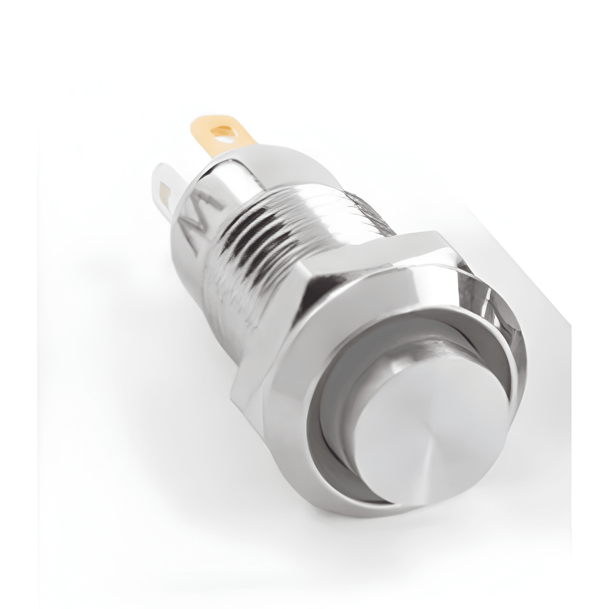 Small shiny 8mm momentary metal push button switch by MURE This K5897 normally open self-reset switch is silver
