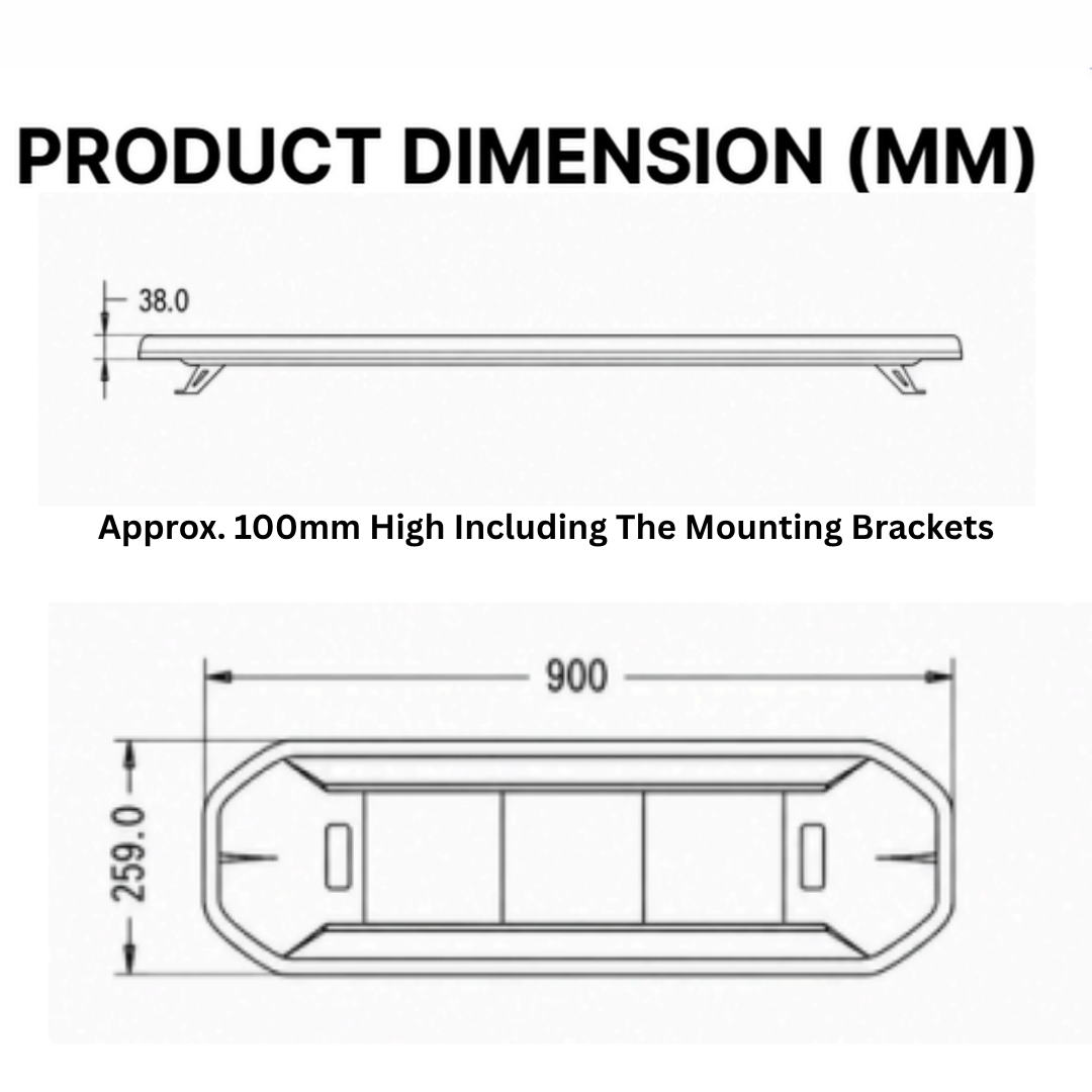 Daltec D-LIG-00076 Apex Recovery Strobe Slimline LED Light Bar dimensions with 900mm length and 100mm height