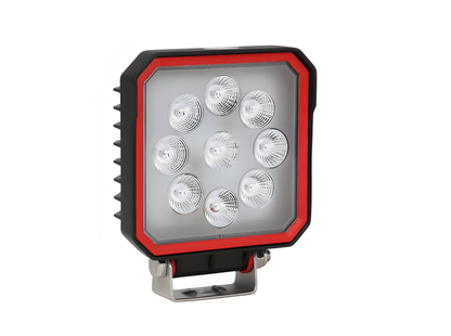 A square LED work light with a black housing, red trim, and eight visible clear LED lenses, mounted on a metal bracket