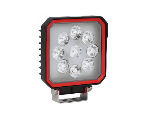 A square LED work light with a black housing, red trim, and eight visible clear LED lenses, mounted on a metal bracket