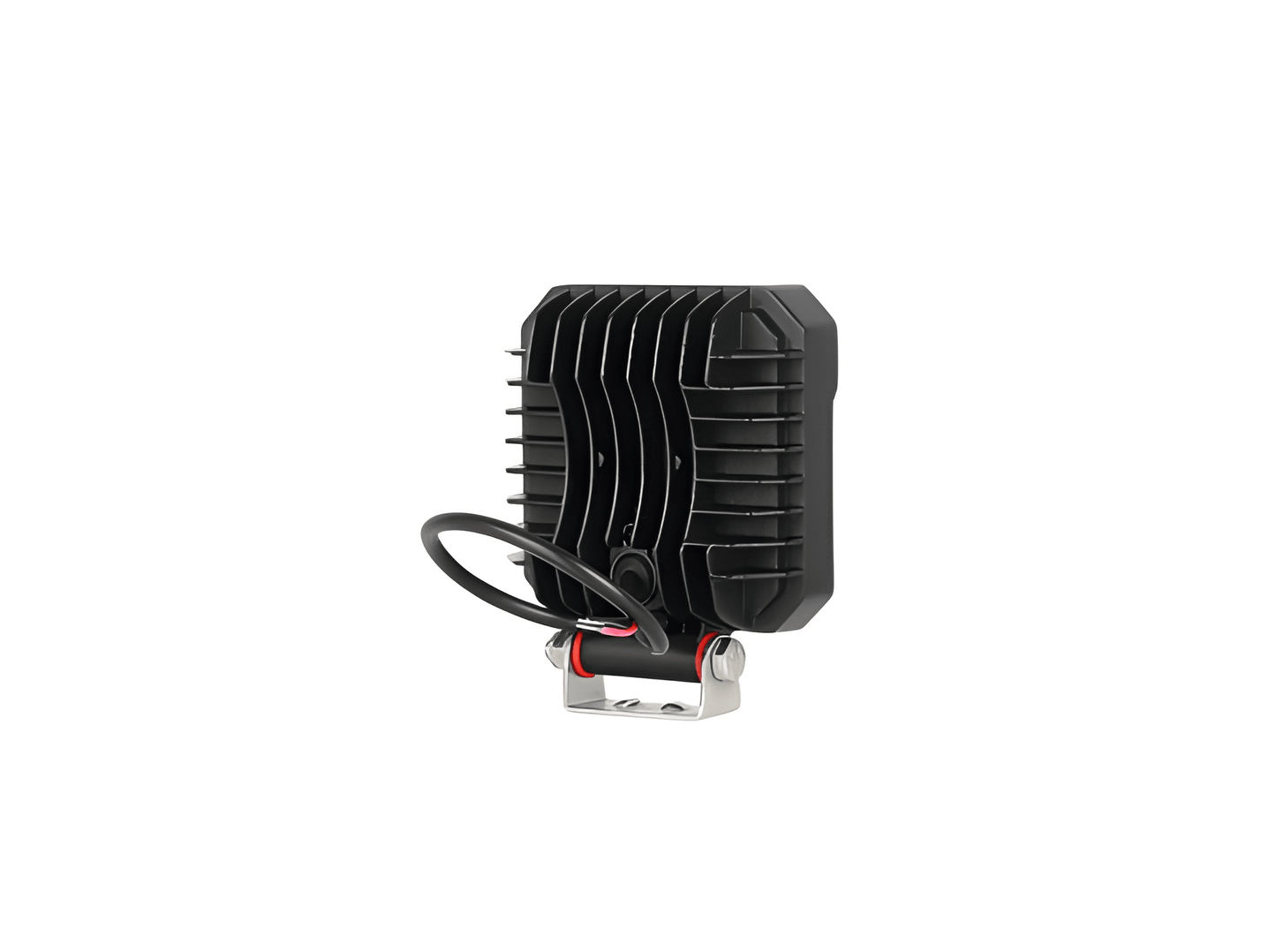 Rear view of a black 27W square LED work lamp showing the ribbed heat sink housing, wiring, and silver metal mounting bracket.