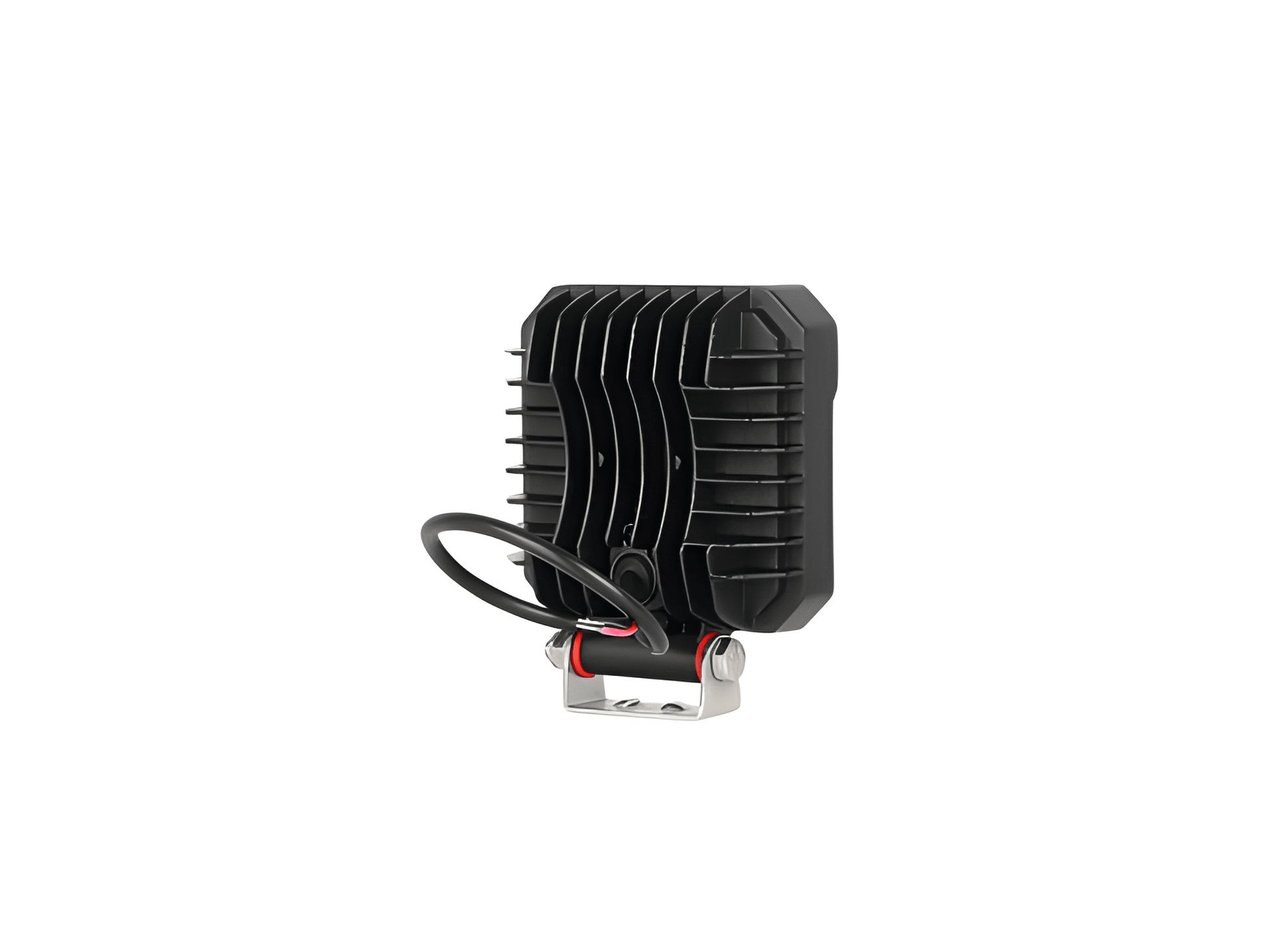 Rear view of a black 27W square LED work lamp showing the ribbed heat sink housing, wiring, and silver metal mounting bracket.