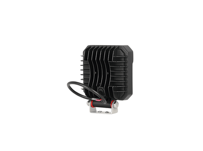 Rear view of a black 27W square LED work lamp showing the ribbed heat sink housing, wiring, and silver metal mounting bracket.