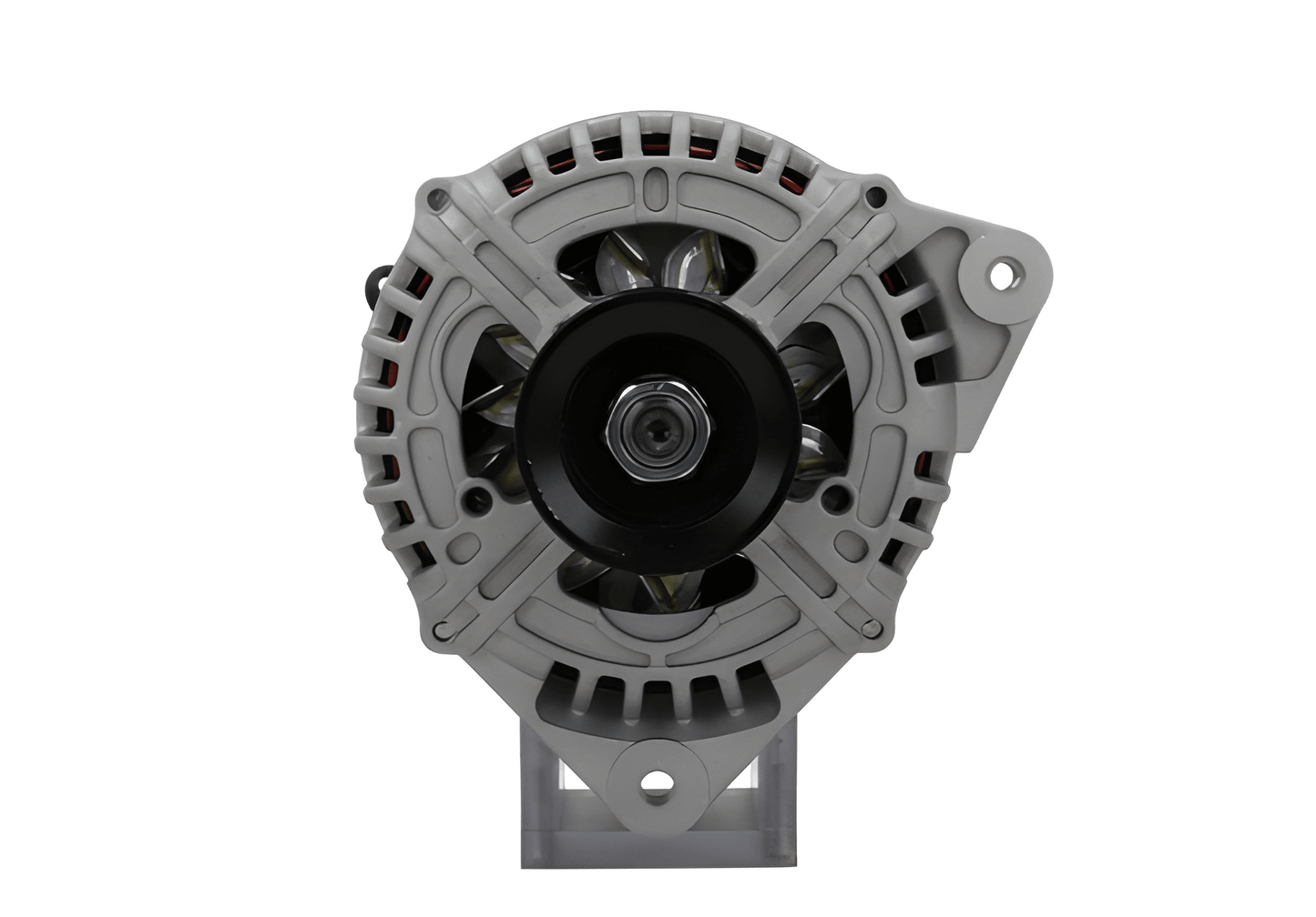 Front view of ALT20756 alternator featuring pulley, fan blades, and mounting points.