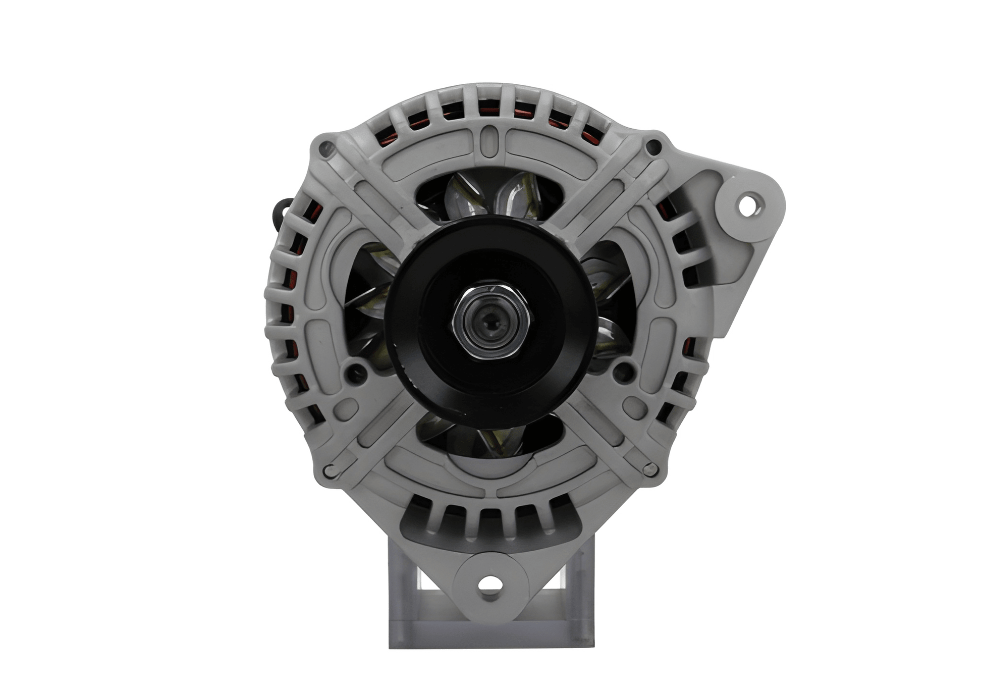 Front view of ALT20756 alternator featuring pulley, fan blades, and mounting points.