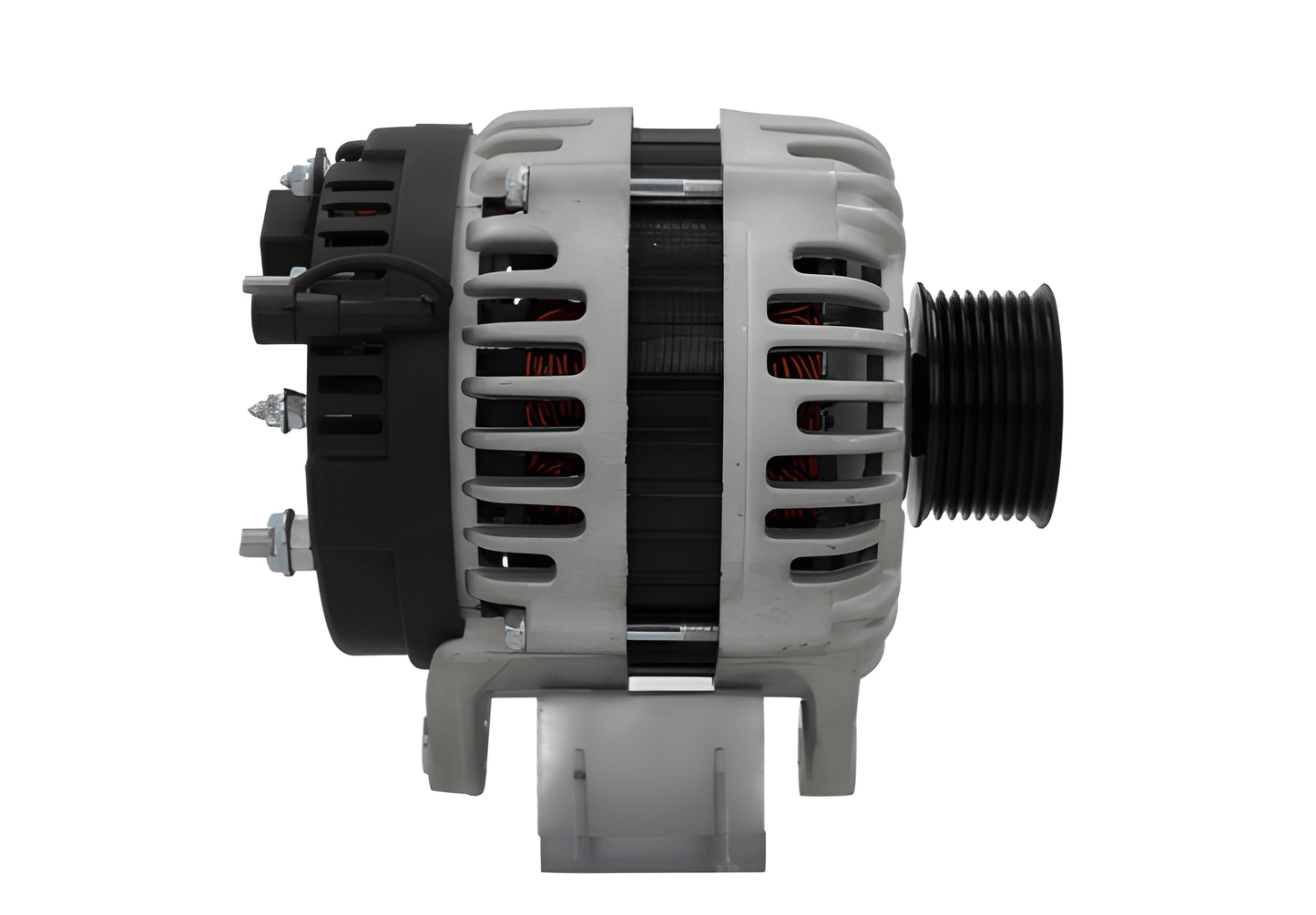Side profile of ALT20756 alternator displaying housing, pulley alignment, and stator vents.
