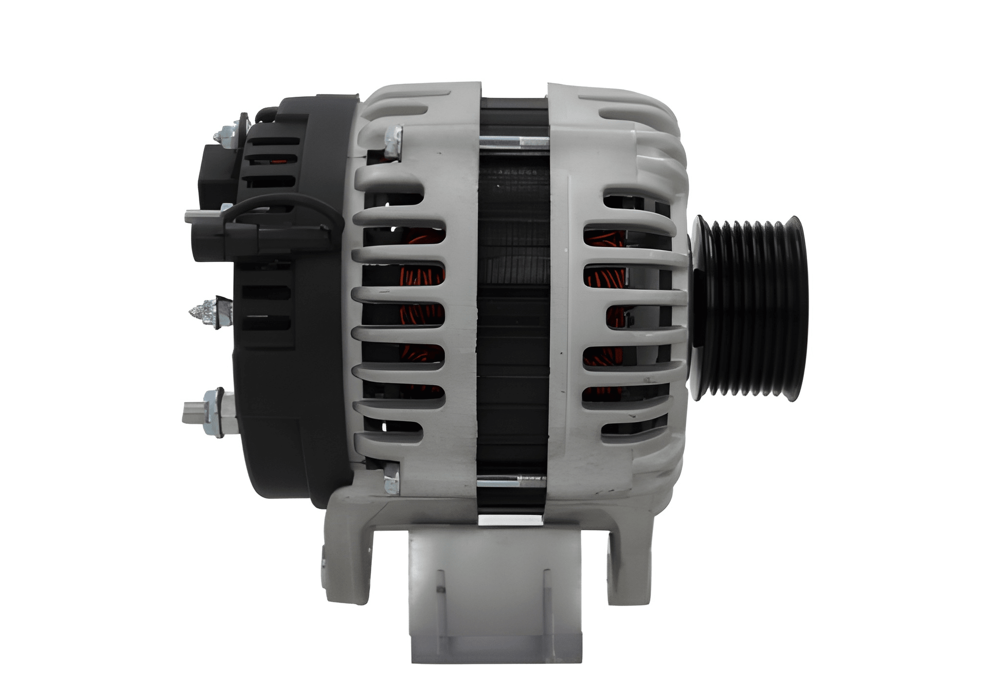 Side profile of ALT20756 alternator displaying housing, pulley alignment, and stator vents.