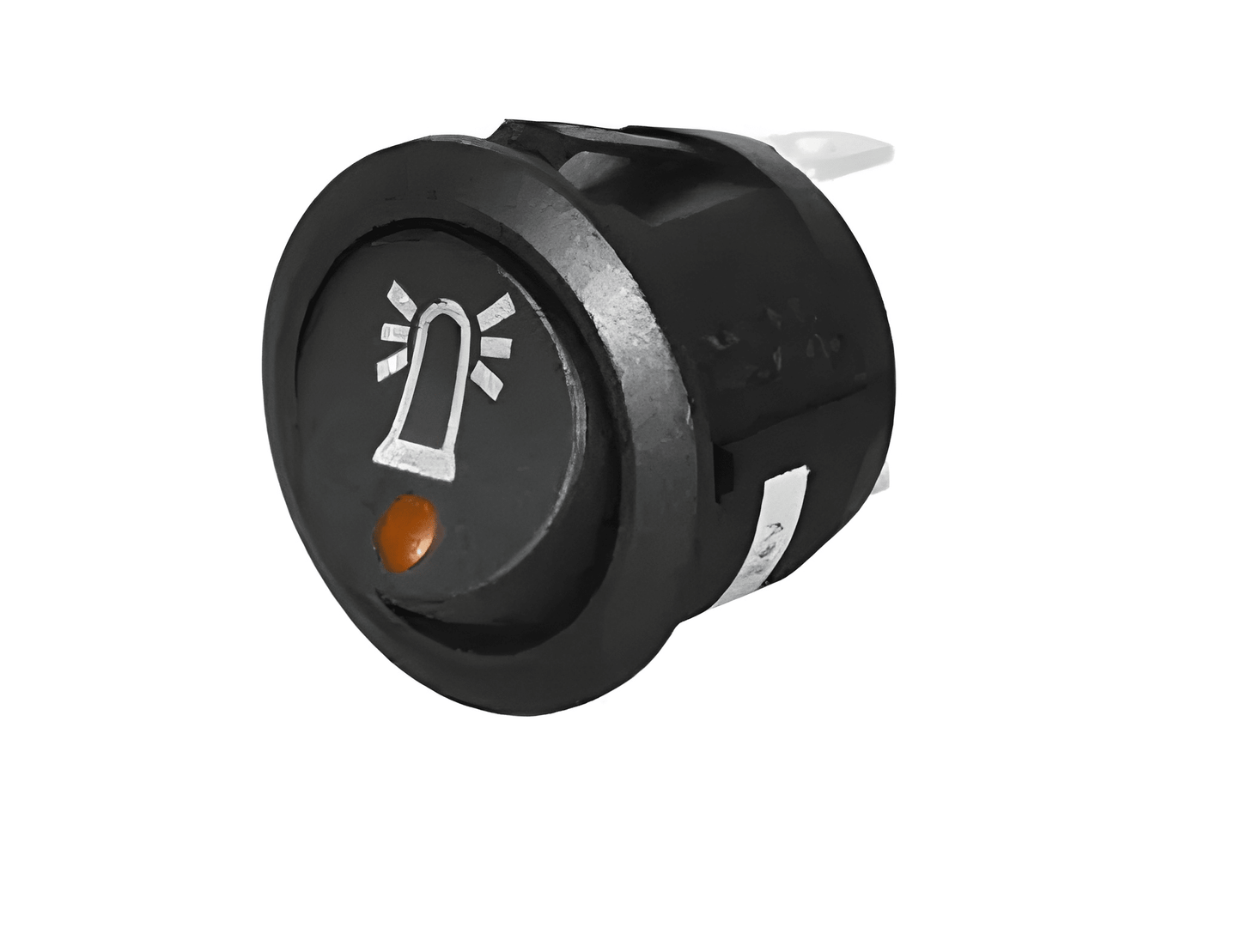 Round rocker switch for automotive use, featuring an amber LED light and a beacon icon. The switch has a black housing and is designed for controlling vehicle lights.